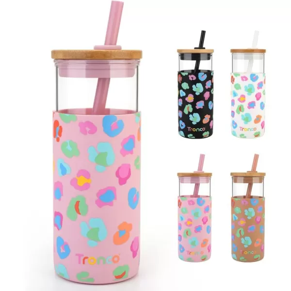 Tronco 20 oz Glass Tumbler with Straw and Lid Glass Cup with Lid and Straw Iced Coffee Cup Reusable Smoothie Cups Bamboo Lid and Protective Silicone Sleeve  BPAFreePink Leopard Pattern