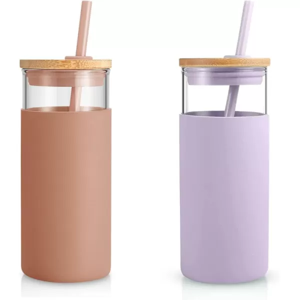 Tronco 20 oz Glass Tumbler with Straw and Lid Glass Cup with Lid and Straw Iced Coffee Cup Reusable Smoothie Cups Bamboo Lid and Protective Silicone Sleeve  BPAFreeCoffee Light Purple