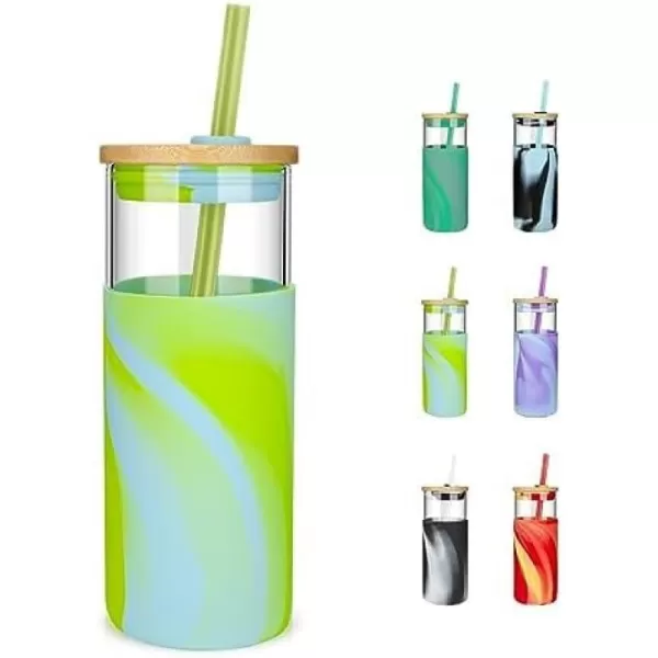 Tronco 20 oz Glass Tumbler with Straw and Lid Glass Cup with Lid and Straw Iced Coffee Cup Reusable Smoothie Cups Bamboo Lid and Protective Silicone Sleeve  BPAFreeBright Green