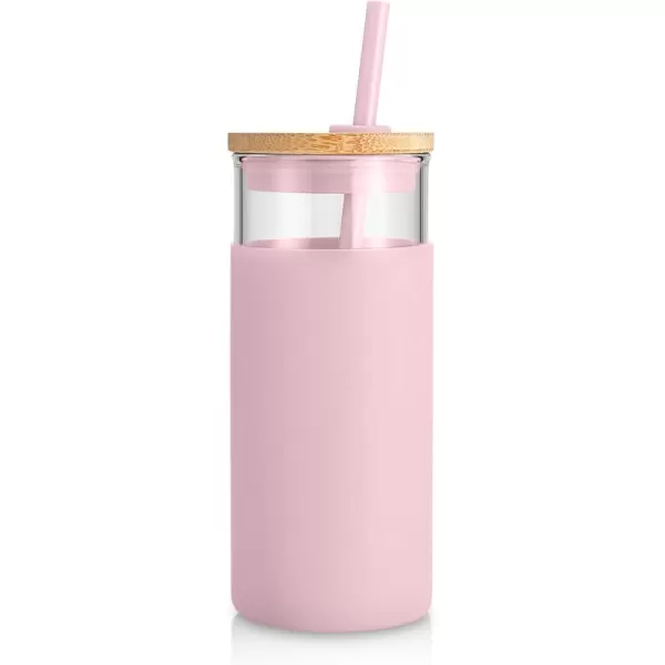 Tronco 20 oz Glass Tumbler with Straw and Lid Glass Cup with Lid and Straw Iced Coffee Cup Reusable Smoothie Cups Bamboo Lid and Protective Silicone Sleeve  BPAFreePink
