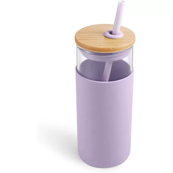 Tronco 20 oz Glass Tumbler with Straw and Lid Glass Cup with Lid and Straw Iced Coffee Cup Reusable Smoothie Cups Bamboo Lid and Protective Silicone Sleeve  BPAFreeLight Purple