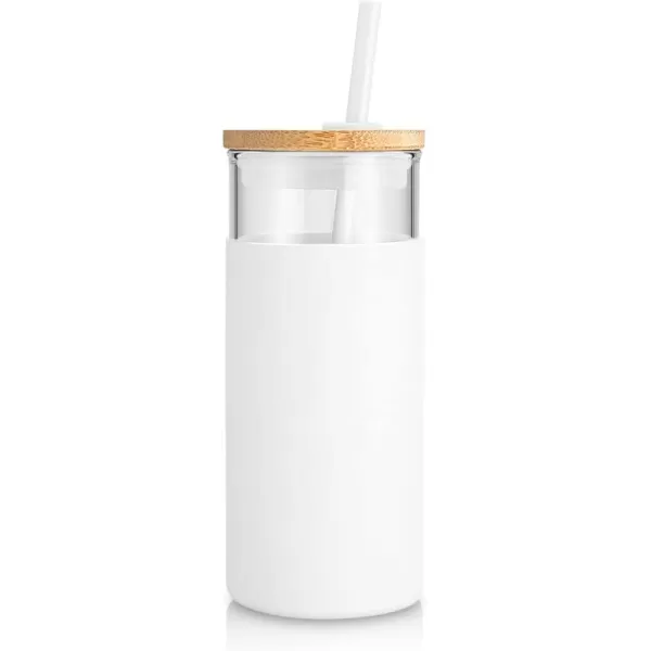 Tronco 20 oz Glass Tumbler with Straw and Lid Glass Cup with Lid and Straw Iced Coffee Cup Reusable Smoothie Cups Bamboo Lid and Protective Silicone Sleeve  BPAFreeWhite