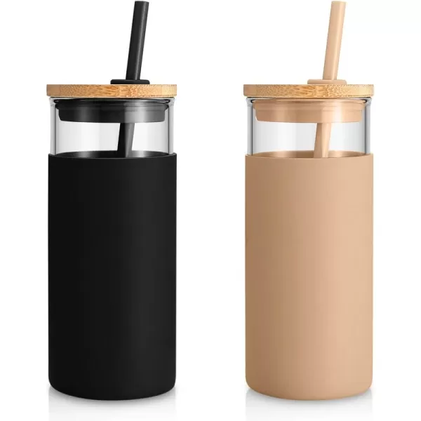 Tronco 20 oz Glass Tumbler with Straw and Lid Glass Cup with Lid and Straw Iced Coffee Cup Reusable Smoothie Cups Bamboo Lid and Protective Silicone Sleeve  BPAFreeBlack Amber