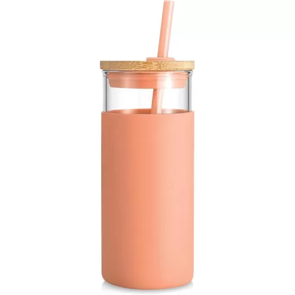 Tronco 20 oz Glass Tumbler with Straw and Lid Glass Cup with Lid and Straw Iced Coffee Cup Reusable Smoothie Cups Bamboo Lid and Protective Silicone Sleeve  BPAFreePapaya