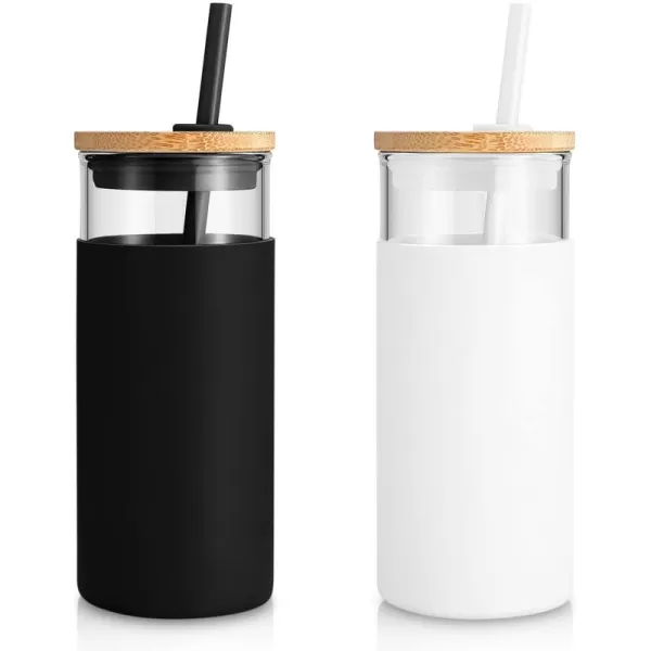 Tronco 20 oz Glass Tumbler with Straw and Lid Glass Cup with Lid and Straw Iced Coffee Cup Reusable Smoothie Cups Bamboo Lid and Protective Silicone Sleeve  BPAFreeWhite Black