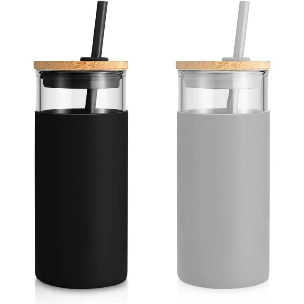 Tronco 20 oz Glass Tumbler with Straw and Lid Glass Cup with Lid and Straw Iced Coffee Cup Reusable Smoothie Cups Bamboo Lid and Protective Silicone Sleeve  BPAFreeBlack French Grey