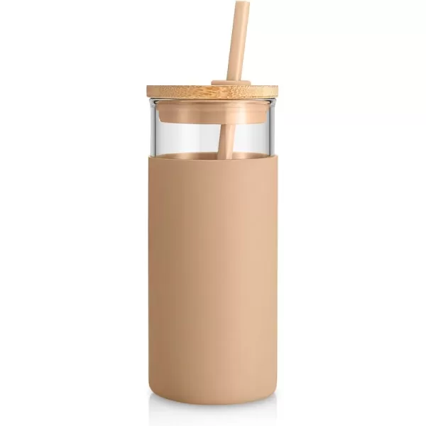 Tronco 20 oz Glass Tumbler with Straw and Lid Glass Cup with Lid and Straw Iced Coffee Cup Reusable Smoothie Cups Bamboo Lid and Protective Silicone Sleeve  BPAFreeAmber