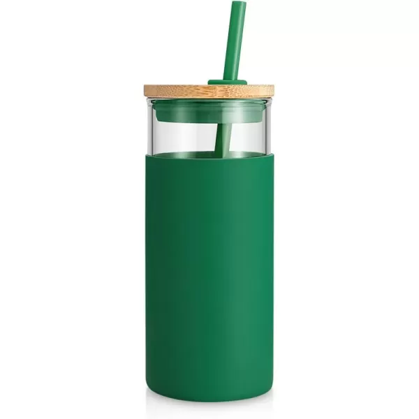 Tronco 20 oz Glass Tumbler with Straw and Lid Glass Cup with Lid and Straw Iced Coffee Cup Reusable Smoothie Cups Bamboo Lid and Protective Silicone Sleeve  BPAFreeBlackish Green