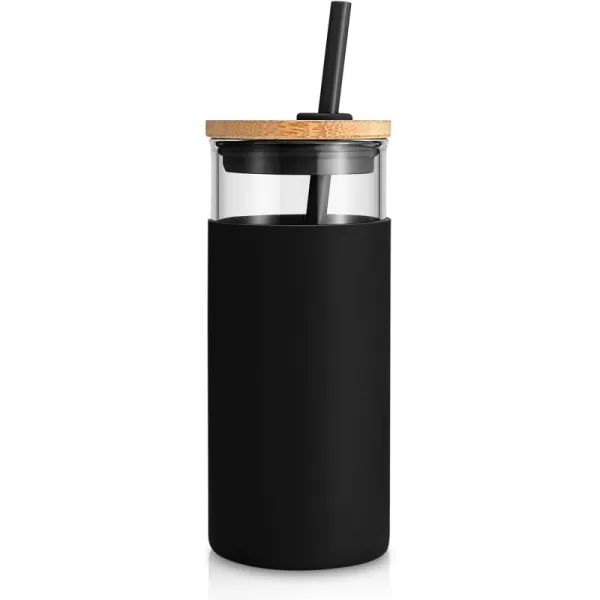 Tronco 20 oz Glass Tumbler with Straw and Lid Glass Cup with Lid and Straw Iced Coffee Cup Reusable Smoothie Cups Bamboo Lid and Protective Silicone Sleeve  BPAFreeBlack