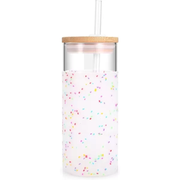 Tronco 20 oz Glass Tumbler with Straw and Lid Glass Cup with Lid and Straw Iced Coffee Cup Reusable Smoothie Cups Bamboo Lid and Protective Silicone Sleeve  BPAFreeColorful spots