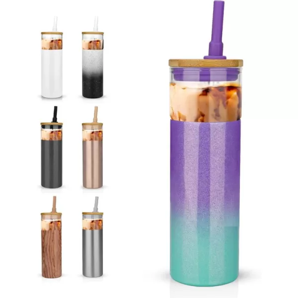 Tronco 20 oz Insulated Tumbler with Lid Stainless Steel Borosilicate Glass Reusable Iced Coffee Cup for TravelPurple Green