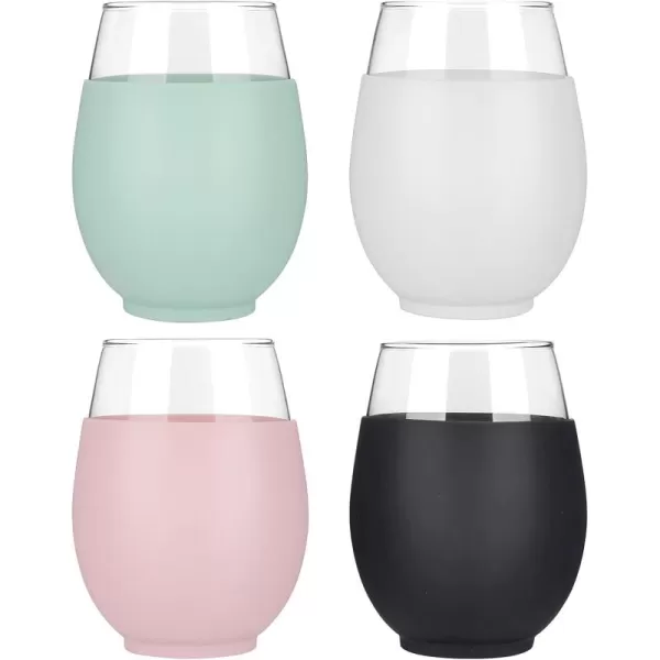 Tronco 20 oz Stemless Wine Glasses with Protective Silicone Sleeve Reusable Wine Glasses for Red or White Wine and Cocktails Dishwasher Safe Set of 4color 6