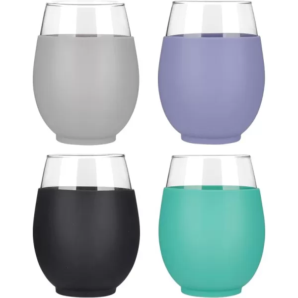 Tronco 20 oz Stemless Wine Glasses with Protective Silicone Sleeve Reusable Wine Glasses for Red or White Wine and Cocktails Dishwasher Safe Set of 4color 7