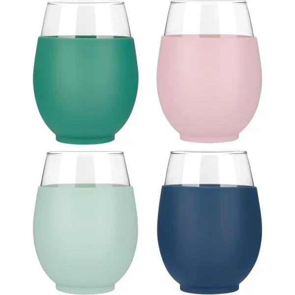 Tronco 20 oz Stemless Wine Glasses with Protective Silicone Sleeve Reusable Wine Glasses for Red or White Wine and Cocktails Dishwasher Safe Set of 4color 2