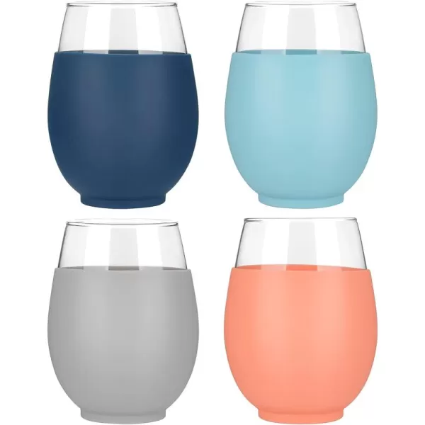 Tronco 20 oz Stemless Wine Glasses with Protective Silicone Sleeve Reusable Wine Glasses for Red or White Wine and Cocktails Dishwasher Safe Set of 4color 5