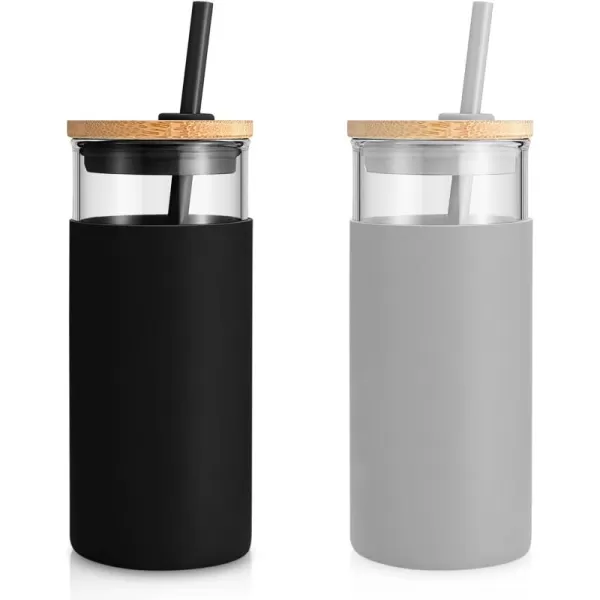 Tronco 20oz Glass Tumbler Glass Water Bottle Straw Silicone Protective Sleeve Bamboo Lid  BPA Free Midnight Green 1 PackBlack French Grey