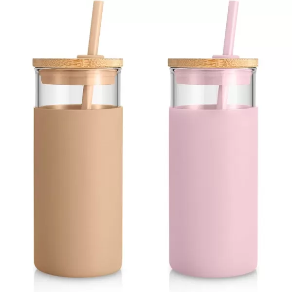 Tronco 20oz Glass Tumbler Glass Water Bottle Straw Silicone Protective Sleeve Bamboo Lid  BPA Free Midnight Green 1 PackPink Amber