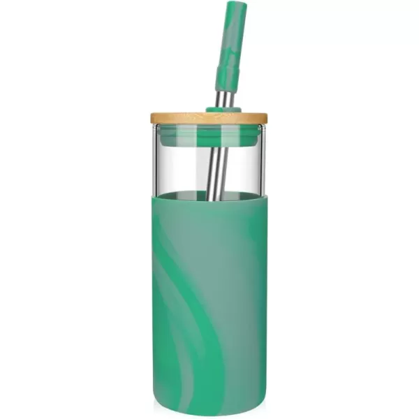 Tronco 20oz Glass Tumbler with Bamboo Lid and StrawIced Coffee Cup ReusableSmoothie Cup Spill Proof Glass Water Bottle With Silicone Protective Sleeve BPA Free
