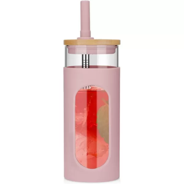 Tronco 22oz Glass Tumbler with Bamboo Lid and Straw Glass Cup For BobaIced CoffeeSmoothie Spill Proof Glass Water Bottle With Silicone Protective Sleeve Dishwasher SafeBPA FreePink