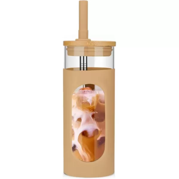 Tronco 22oz Glass Tumbler with Bamboo Lid and Straw Glass Cup For BobaIced CoffeeSmoothie Spill Proof Glass Water Bottle With Silicone Protective Sleeve Dishwasher SafeBPA FreeAmber