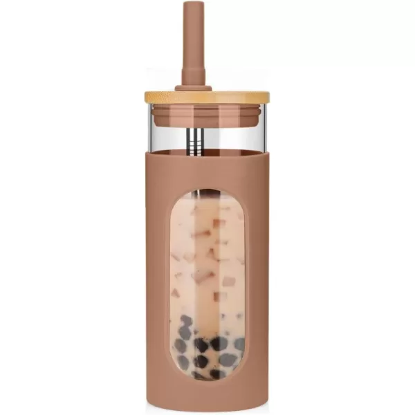 Tronco 22oz Glass Tumbler with Bamboo Lid and Straw Glass Cup For BobaIced CoffeeSmoothie Spill Proof Glass Water Bottle With Silicone Protective Sleeve Dishwasher SafeBPA FreeCoffee