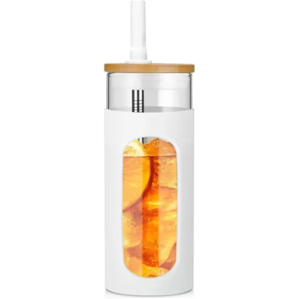 Tronco 22oz Glass Tumbler with Bamboo Lid and Straw Glass Cup For BobaIced CoffeeSmoothie Spill Proof Glass Water Bottle With Silicone Protective Sleeve Dishwasher SafeBPA FreeWhite