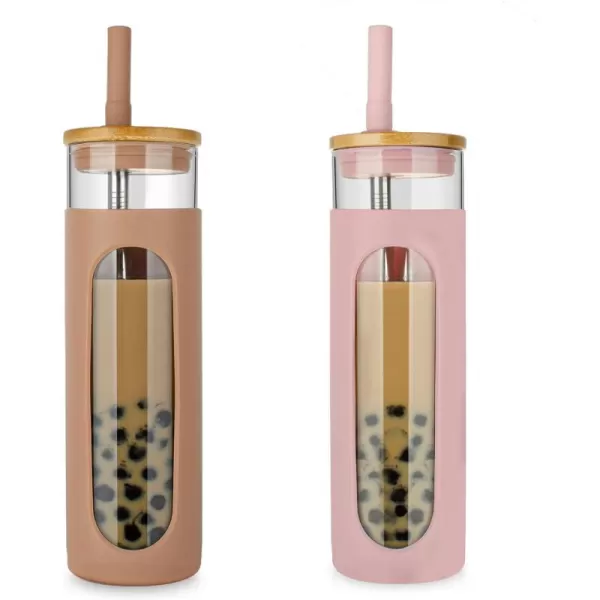 Tronco 22oz Glass Tumbler with Bamboo Lid and Straw Glass Cup For BobaIced CoffeeSmoothie Spill Proof Glass Water Bottle With Silicone Protective Sleeve Dishwasher SafeBPA FreeCoffeePink