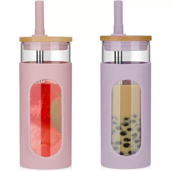 Tronco 22oz Glass Tumbler with Bamboo Lid and Straw Glass Cup For BobaIced CoffeeSmoothie Spill Proof Glass Water Bottle With Silicone Protective Sleeve Dishwasher SafeBPA FreePinkPurple