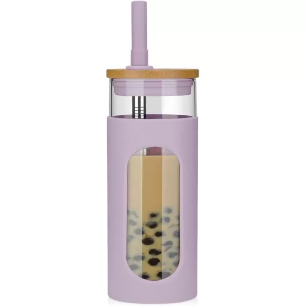 Tronco 22oz Glass Tumbler with Bamboo Lid and Straw Glass Cup For BobaIced CoffeeSmoothie Spill Proof Glass Water Bottle With Silicone Protective Sleeve Dishwasher SafeBPA FreePurple