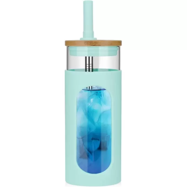 Tronco 22oz Glass Tumbler with Bamboo Lid and Straw Glass Cup For BobaIced CoffeeSmoothie Spill Proof Glass Water Bottle With Silicone Protective Sleeve Dishwasher SafeBPA FreePureBlue
