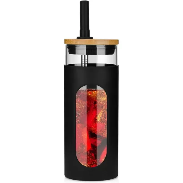 Tronco 22oz Glass Tumbler with Bamboo Lid and Straw Glass Cup For BobaIced CoffeeSmoothie Spill Proof Glass Water Bottle With Silicone Protective Sleeve Dishwasher SafeBPA FreeBlack