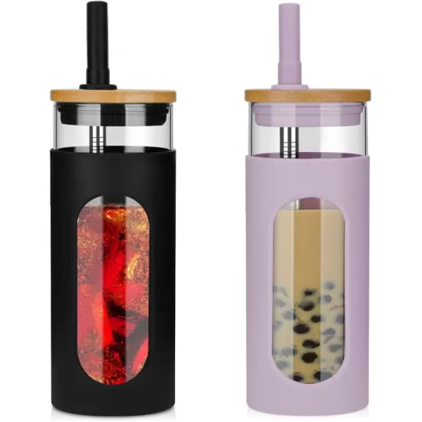 Tronco 22oz Glass Tumbler with Bamboo Lid and Straw Glass Cup For BobaIced CoffeeSmoothie Spill Proof Glass Water Bottle With Silicone Protective Sleeve Dishwasher SafeBPA FreeBlackPink