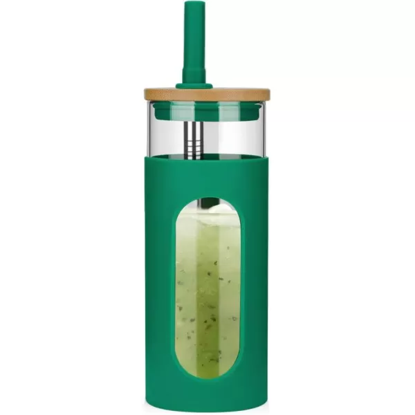 Tronco 22oz Glass Tumbler with Bamboo Lid and Straw Glass Cup For BobaIced CoffeeSmoothie Spill Proof Glass Water Bottle With Silicone Protective Sleeve Dishwasher SafeBPA FreeBlackishGreen