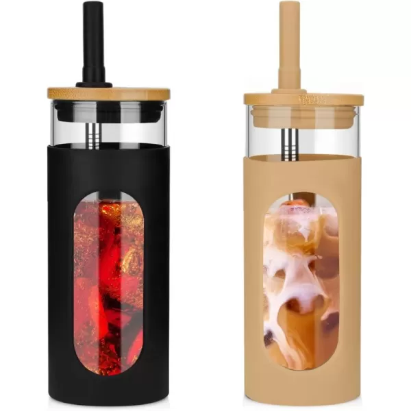 Tronco 22oz Glass Tumbler with Bamboo Lid and Straw Glass Cup For BobaIced CoffeeSmoothie Spill Proof Glass Water Bottle With Silicone Protective Sleeve Dishwasher SafeBPA FreeBlackAmber