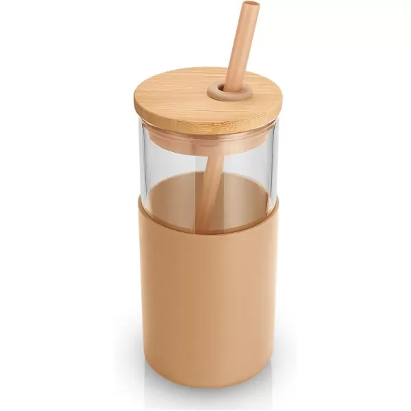 Tronco 24 oz Glass Tumbler with Straw and Lid  Glass Cup with Lid and Straw Smoothie Cup Iced Coffee Cup  Bamboo Lid and Protective Silicone Sleeve  BPAFreeAmber