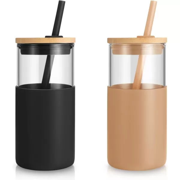 Tronco 24 oz Glass Tumbler with Straw and Lid  Glass Cup with Lid and Straw Smoothie Cup Iced Coffee Cup  Bamboo Lid and Protective Silicone Sleeve  BPAFreeBlack Amber2 Pack