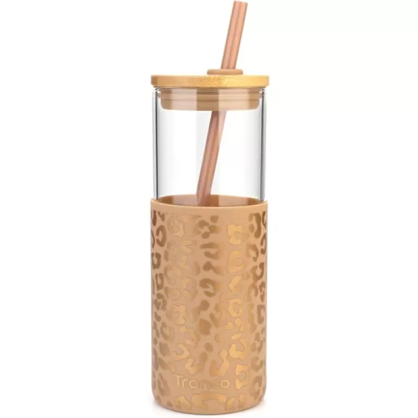 Tronco 24 oz Glass Tumbler with Straw and Lid  Glass Cup with Lid and Straw Smoothie Cup Iced Coffee Cup  Bamboo Lid and Protective Silicone Sleeve  BPAFreeAmber leopard