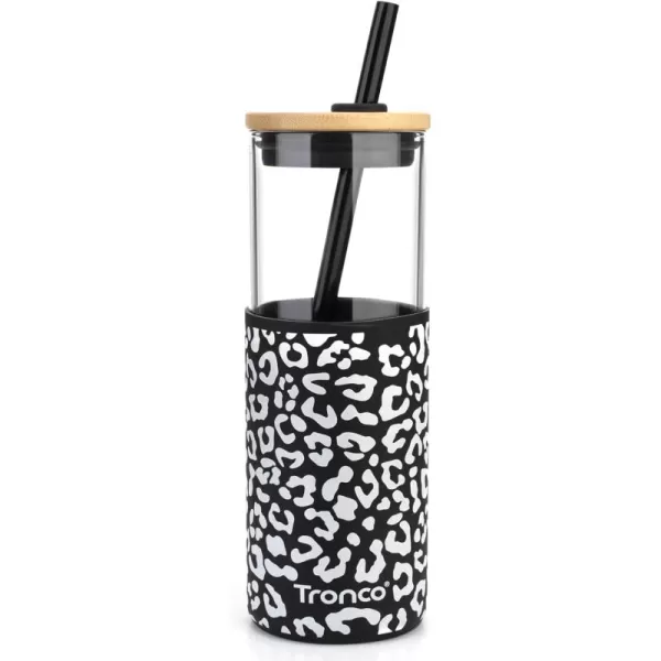 Tronco 24 oz Glass Tumbler with Straw and Lid  Glass Cup with Lid and Straw Smoothie Cup Iced Coffee Cup  Bamboo Lid and Protective Silicone Sleeve  BPAFreeBlackWhite leopard