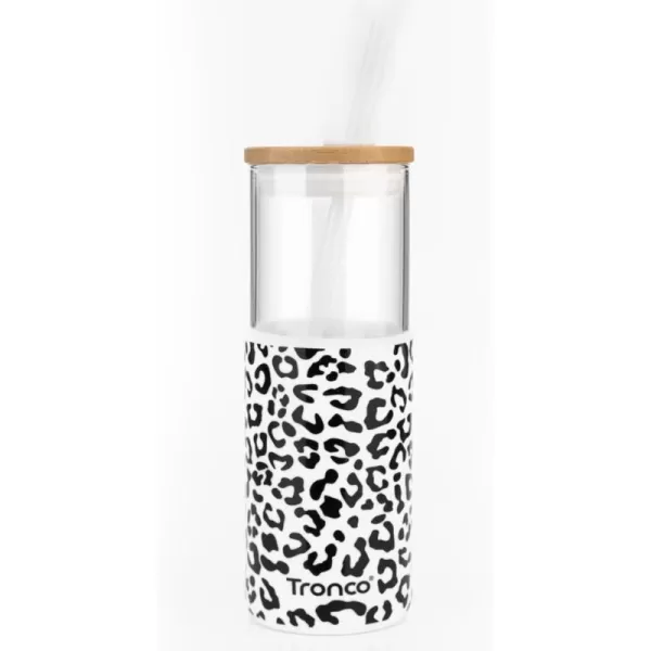 Tronco 24 oz Glass Tumbler with Straw and Lid  Glass Cup with Lid and Straw Smoothie Cup Iced Coffee Cup  Bamboo Lid and Protective Silicone Sleeve  BPAFreeWhite Black stripes