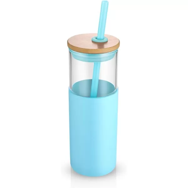 Tronco 24 oz Glass Tumbler with Straw and Lid  Glass Cup with Lid and Straw Smoothie Cup Iced Coffee Cup  Bamboo Lid and Protective Silicone Sleeve  BPAFreeCape Cod Blue