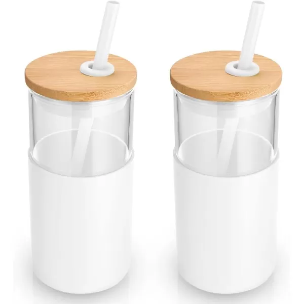 Tronco 24 oz Glass Tumbler with Straw and Lid  Glass Cup with Lid and Straw Smoothie Cup Iced Coffee Cup  Bamboo Lid and Protective Silicone Sleeve  BPAFreeWhite2 Pack