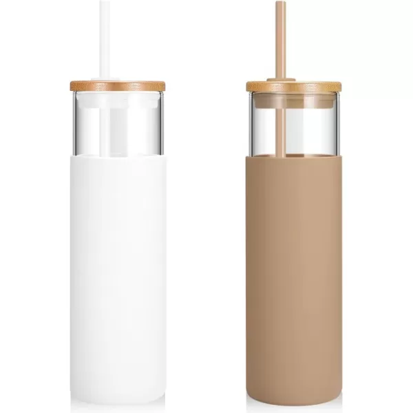 Tronco 24 oz Glass Tumbler with Straw and Lid  Glass Cup with Lid and Straw Smoothie Cup Iced Coffee Cup  Bamboo Lid and Protective Silicone Sleeve  BPAFreeWhite Amber