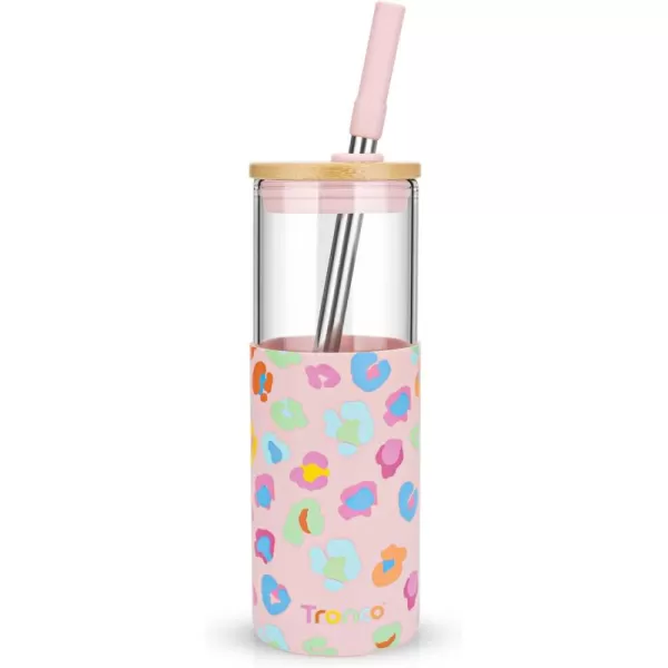 Tronco 24oz Glass Tumbler with Bamboo Lid and StrawIced Coffee Cup ReusableSmoothie Cup Spill Proof Glass Water Bottle With Silicone Protective Sleeve BPA Free