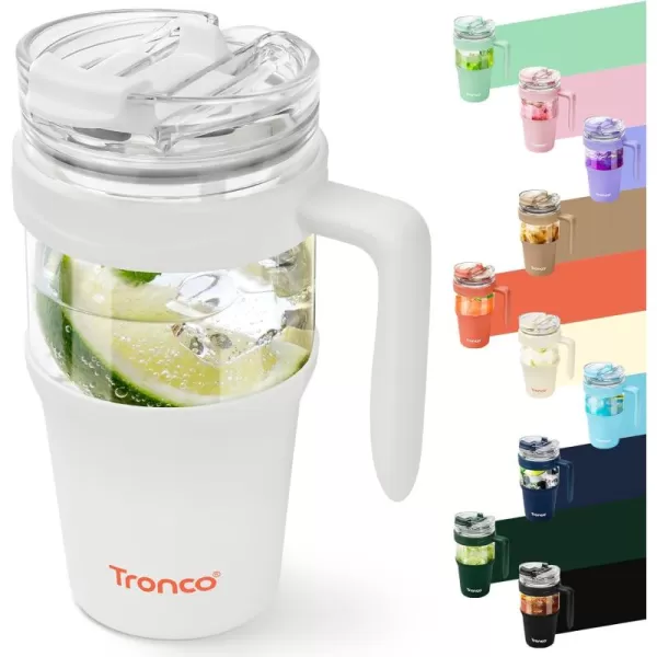 Tronco 40 oz Glass Tumbler with Straw and Lid Leakproof Flip Straw Reusable Glass Tumbler with Handle Iced Coffee Cup with Plastic Lid Glass Water Bottles Fit in Cup HolderSmoothie CupWhite