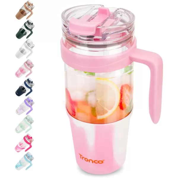 Tronco 40 oz Glass Tumbler with Straw and Lid Leakproof Flip Straw Reusable Glass Tumbler with Handle Iced Coffee Cup with Plastic Lid Glass Water Bottles Fit in Cup HolderSmoothie CupMixedPink