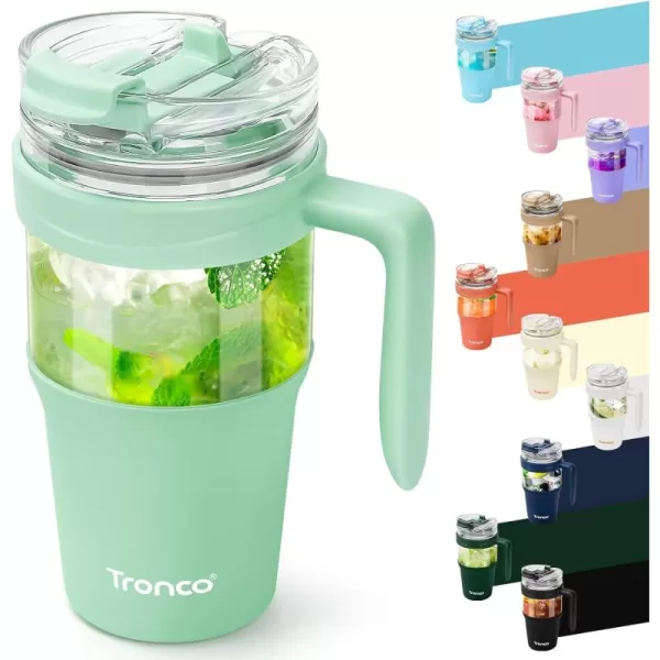 Tronco 40 oz Glass Tumbler with Straw and Lid Leakproof Flip Straw Reusable Glass Tumbler with Handle Iced Coffee Cup with Plastic Lid Glass Water Bottles Fit in Cup HolderSmoothie CupLight Green