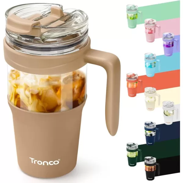Tronco 40 oz Glass Tumbler with Straw and Lid Leakproof Flip Straw Reusable Glass Tumbler with Handle Iced Coffee Cup with Plastic Lid Glass Water Bottles Fit in Cup HolderSmoothie CupAmber