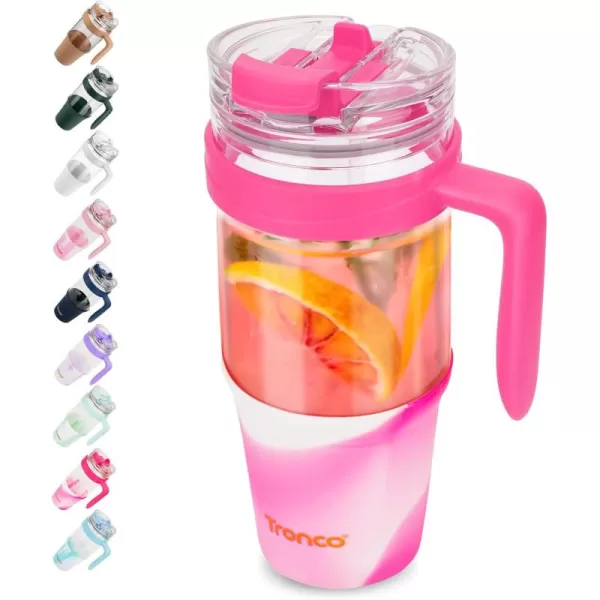 Tronco 40 oz Glass Tumbler with Straw and Lid Leakproof Flip Straw Reusable Glass Tumbler with Handle Iced Coffee Cup with Plastic Lid Glass Water Bottles Fit in Cup HolderSmoothie CupMixedRosy Red