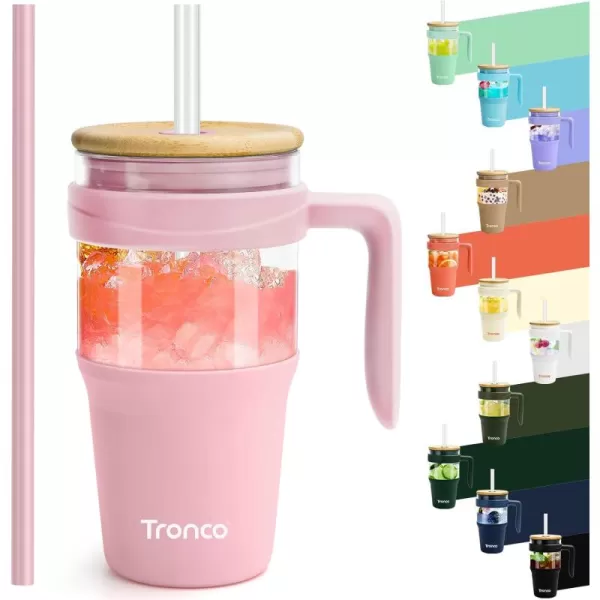 Tronco 40 oz Glass Tumbler with Straw and Lid Leakproof Flip Straw Reusable Glass Tumbler with Handle Iced Coffee Cup with Plastic Lid Glass Water Bottles Fit in Cup HolderSmoothie CupPinkBamboo