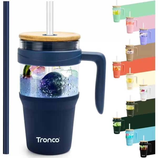 Tronco 40 oz Glass Tumbler with Straw and Lid Leakproof Flip Straw Reusable Glass Tumbler with Handle Iced Coffee Cup with Plastic Lid Glass Water Bottles Fit in Cup HolderSmoothie CupNavy BlueBamboo